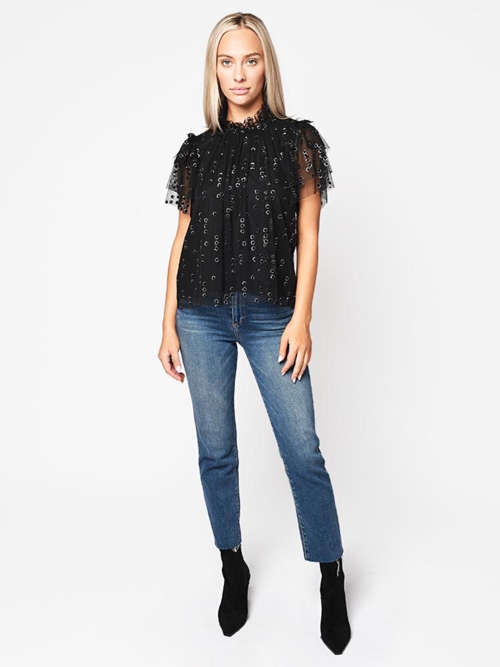 Hunter Bell Blair Top Short Sleeve Ruffle Neck Small Luxury Resort Vacation‎